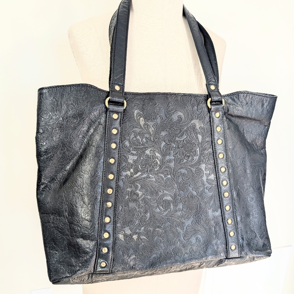 Sorpresa! Tooled Leather Zip Top Tote Bag W zippered Pocket & Pouch. 18.5x12.5
